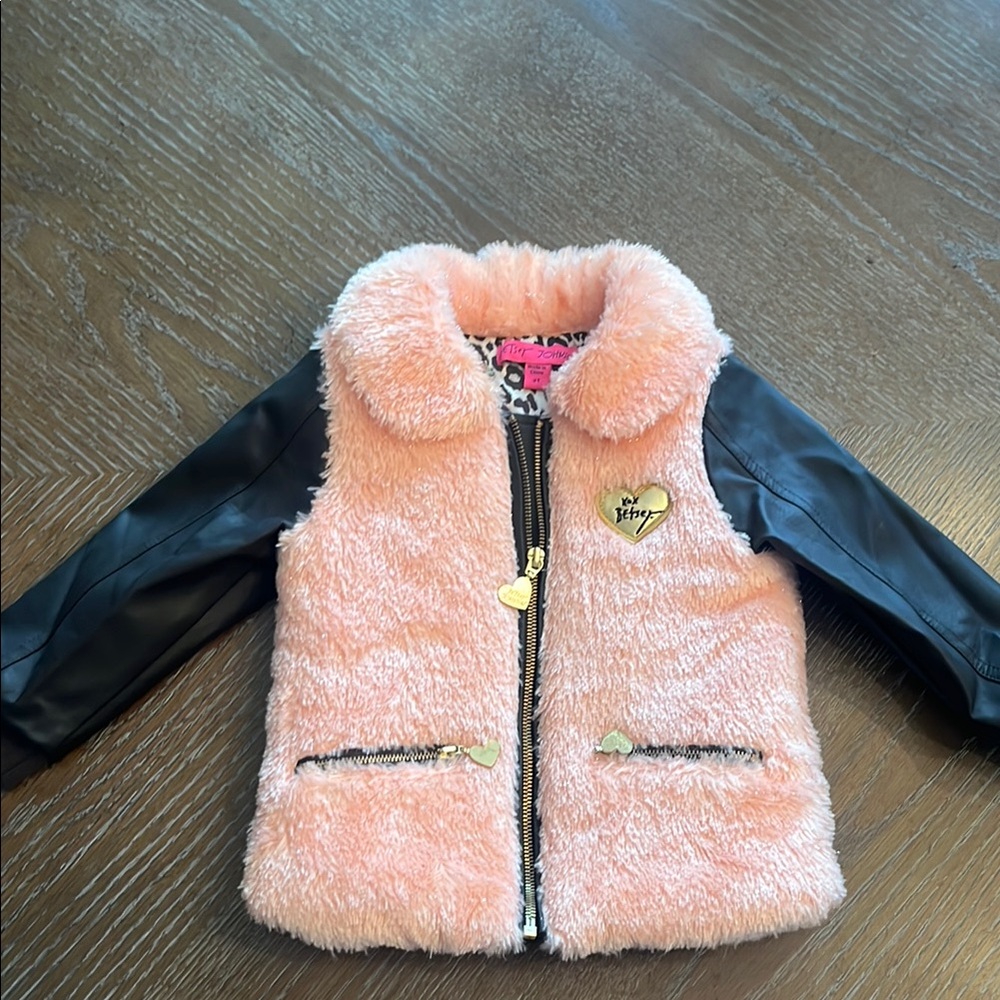 Betsey Johnson Pink Faux Fur Jacket with Black Leather Sleeves